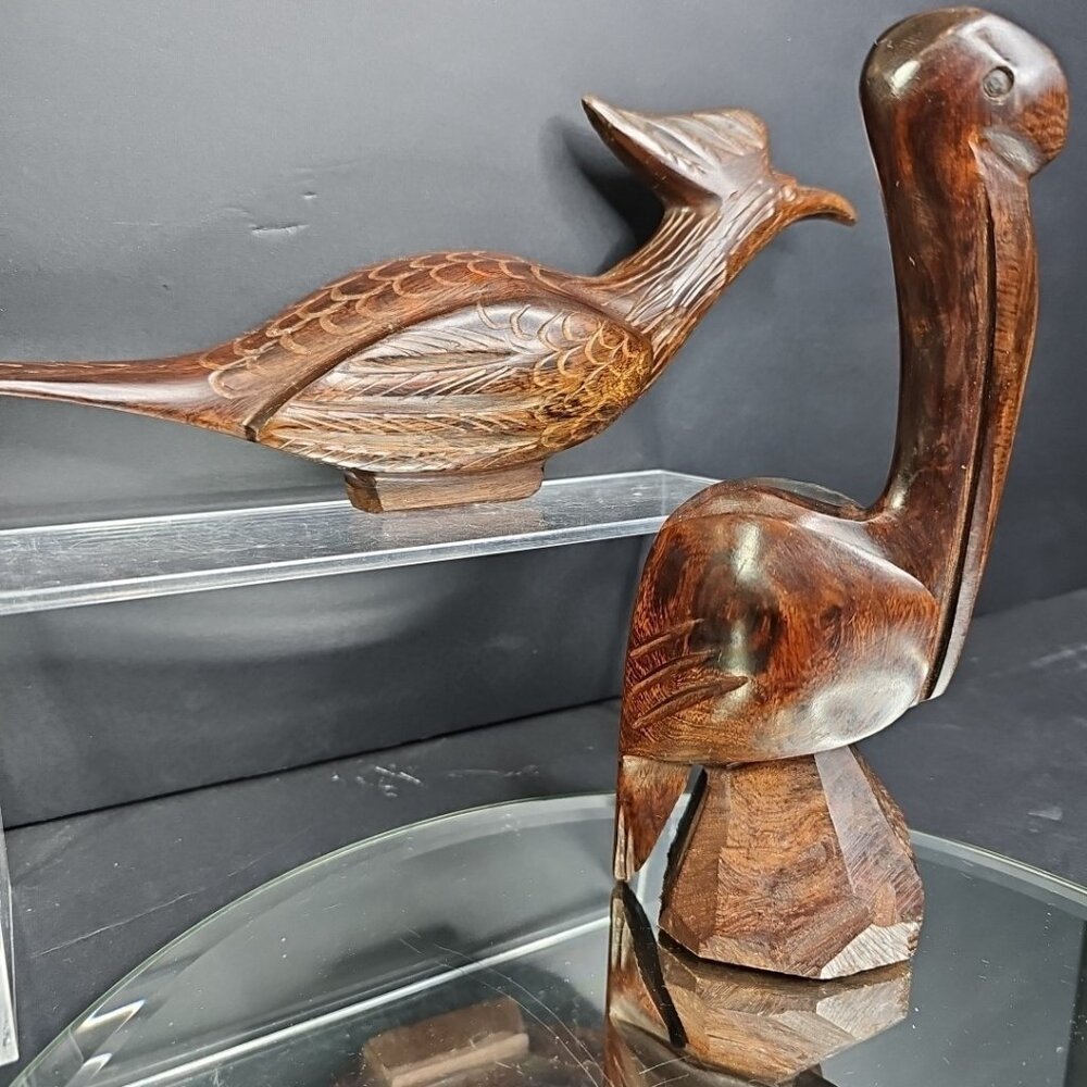 Roadrunner And Pelican Ironwood Wood Carvings. Roadrunner Mounts On Wall